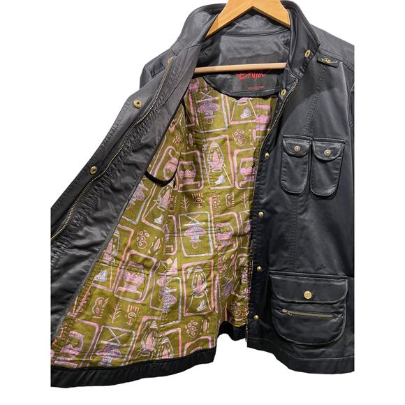 Enita Black Womens Medium Satin Utility Jacket Zip Snap Brass Button Lined Black - Picture 9 of 13